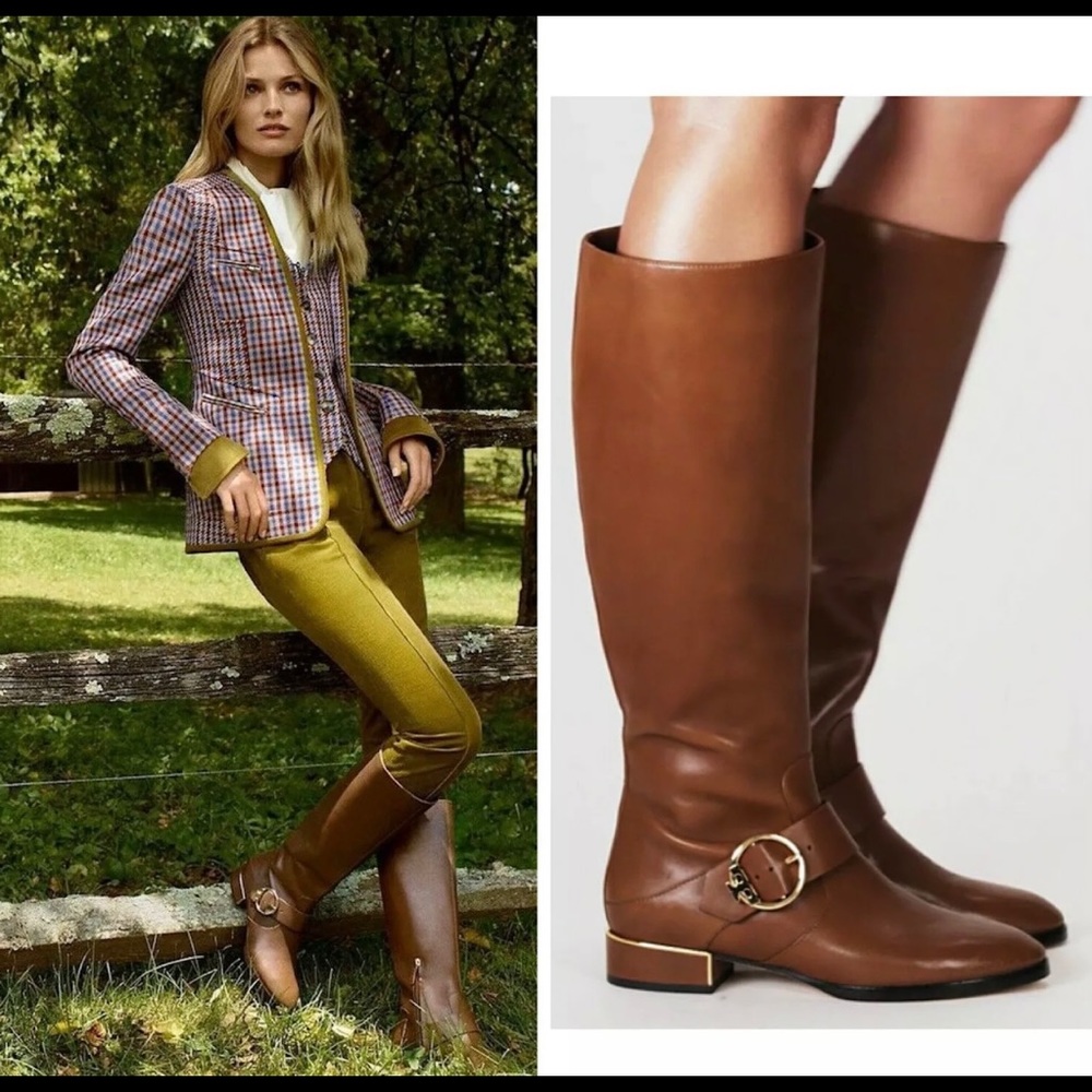 TORY BURCH Sofia Riding Boots, Logo Buckle Leather